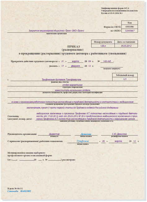 Приказ об увольнении при полной потере трудоспособности