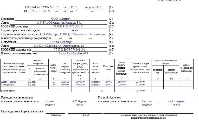 Пример заполнения счета-фактуры при отгрузке