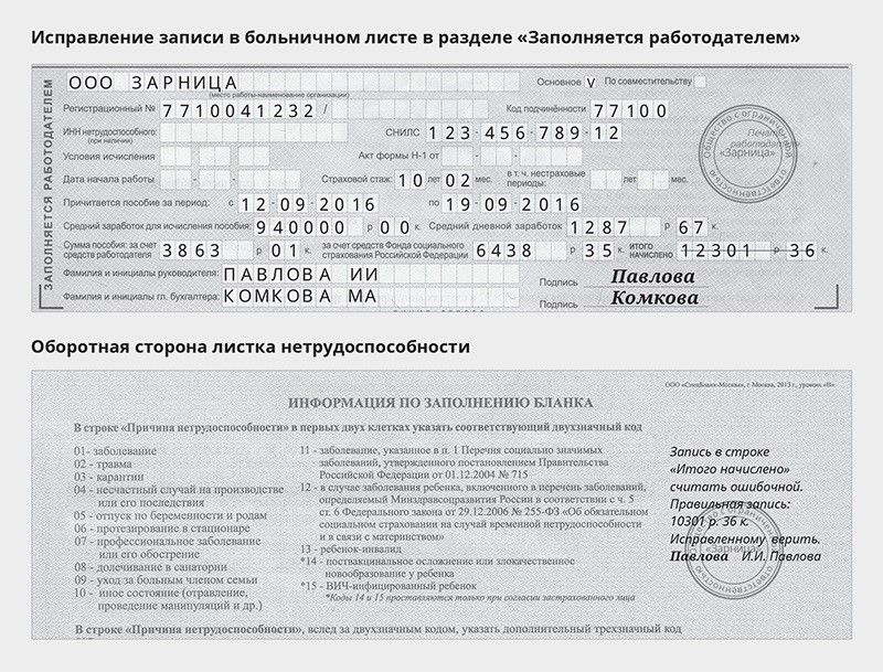 Исправление в больничном листе работодателем